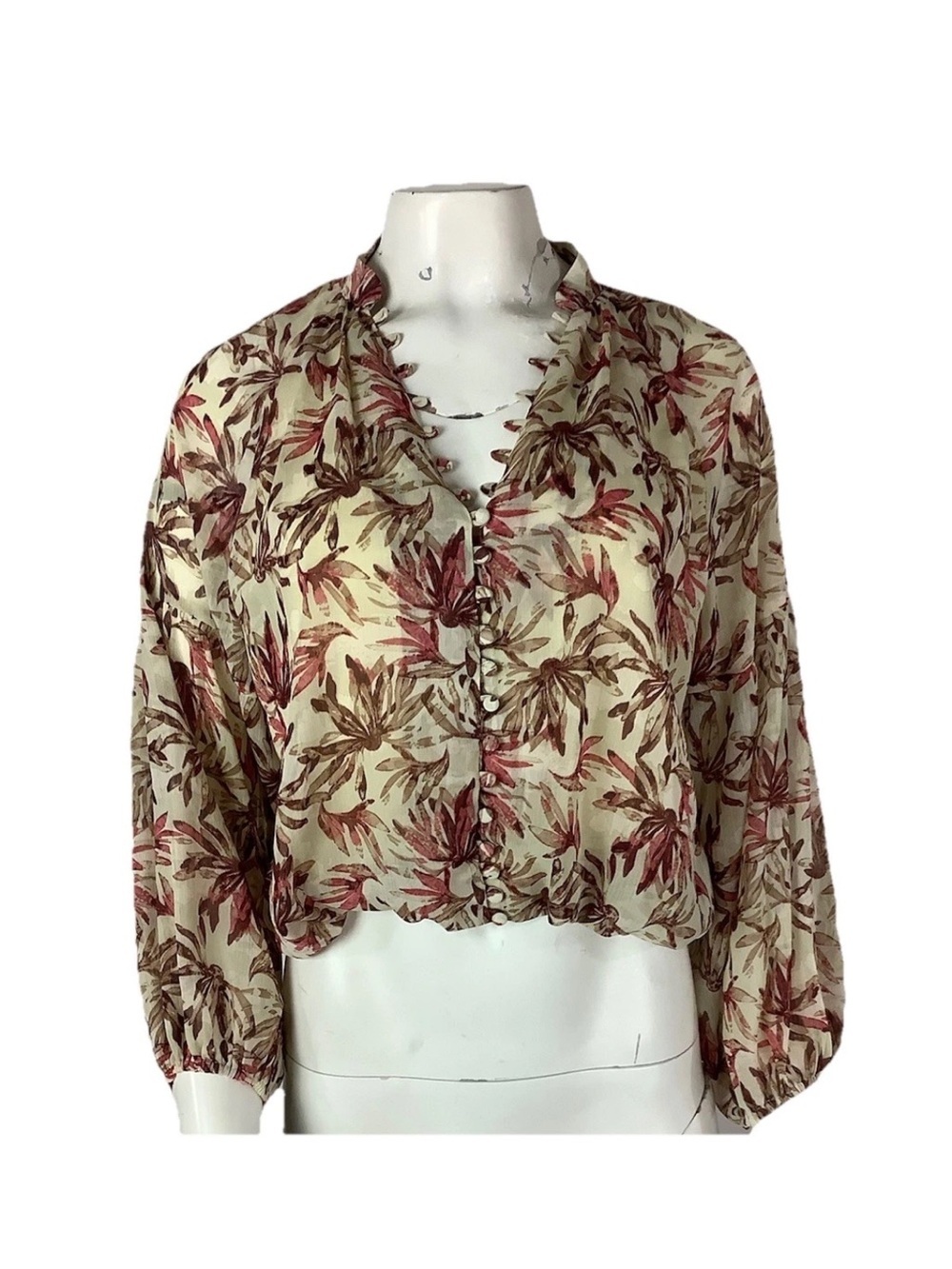 Kourt Sz M Tropical Print Long Sleeve Travel Vacation Peasant V Neck Blouse